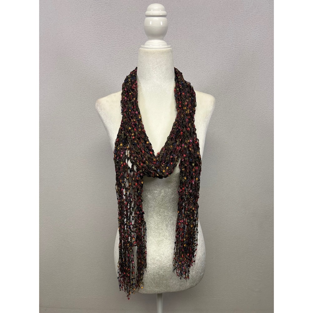 Boho Boho Whimsical Festival Hippie OS Multicolor Open Knit Mesh Fringe Scarf